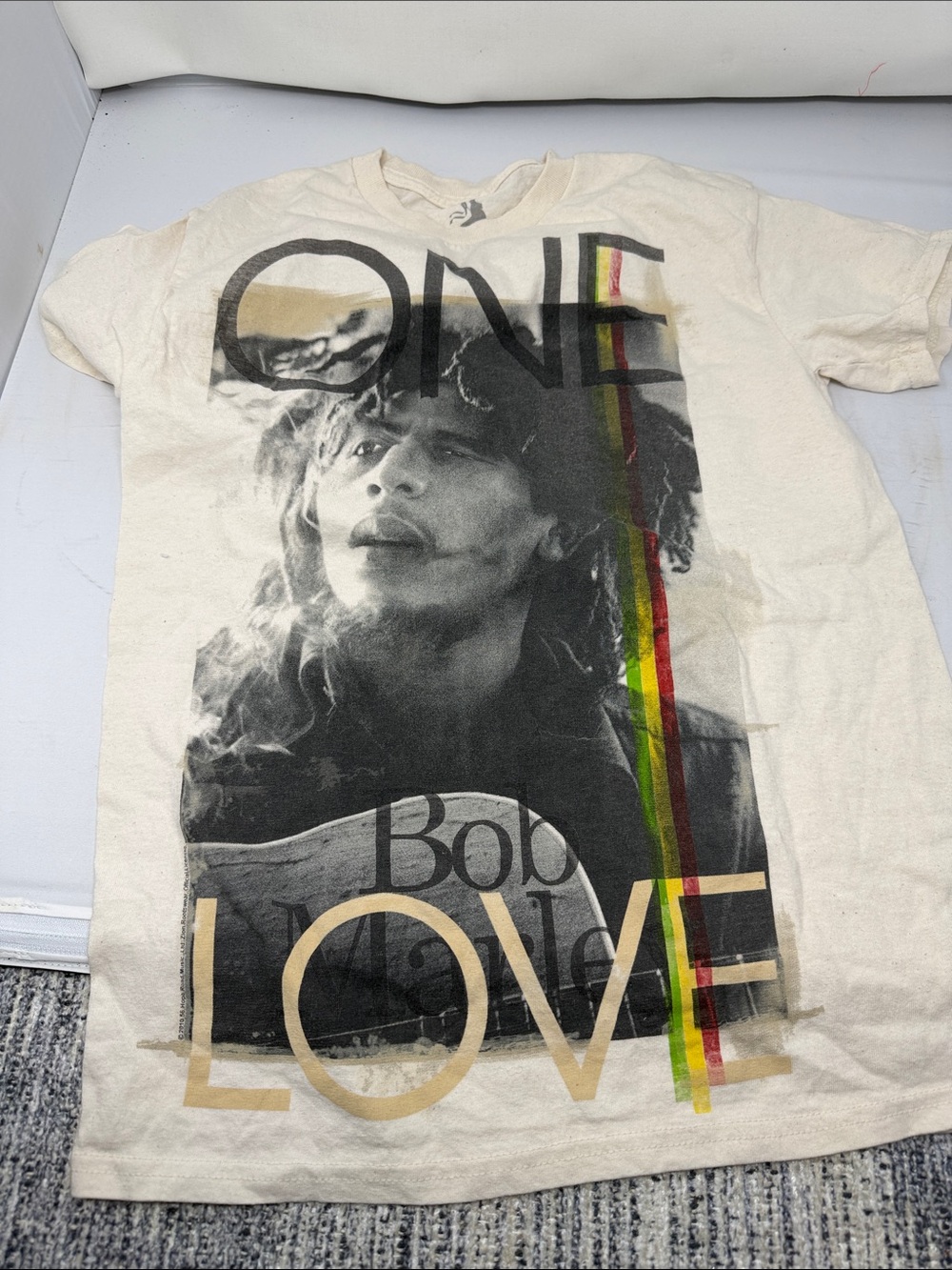 Zion Rootswear Cream Bob Marley 'One Love' Tee with Red Yellow Green Accents
